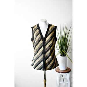 Leona Button Front Vest Women LGold Black 70s Metallic Stripe Finnish Design‎